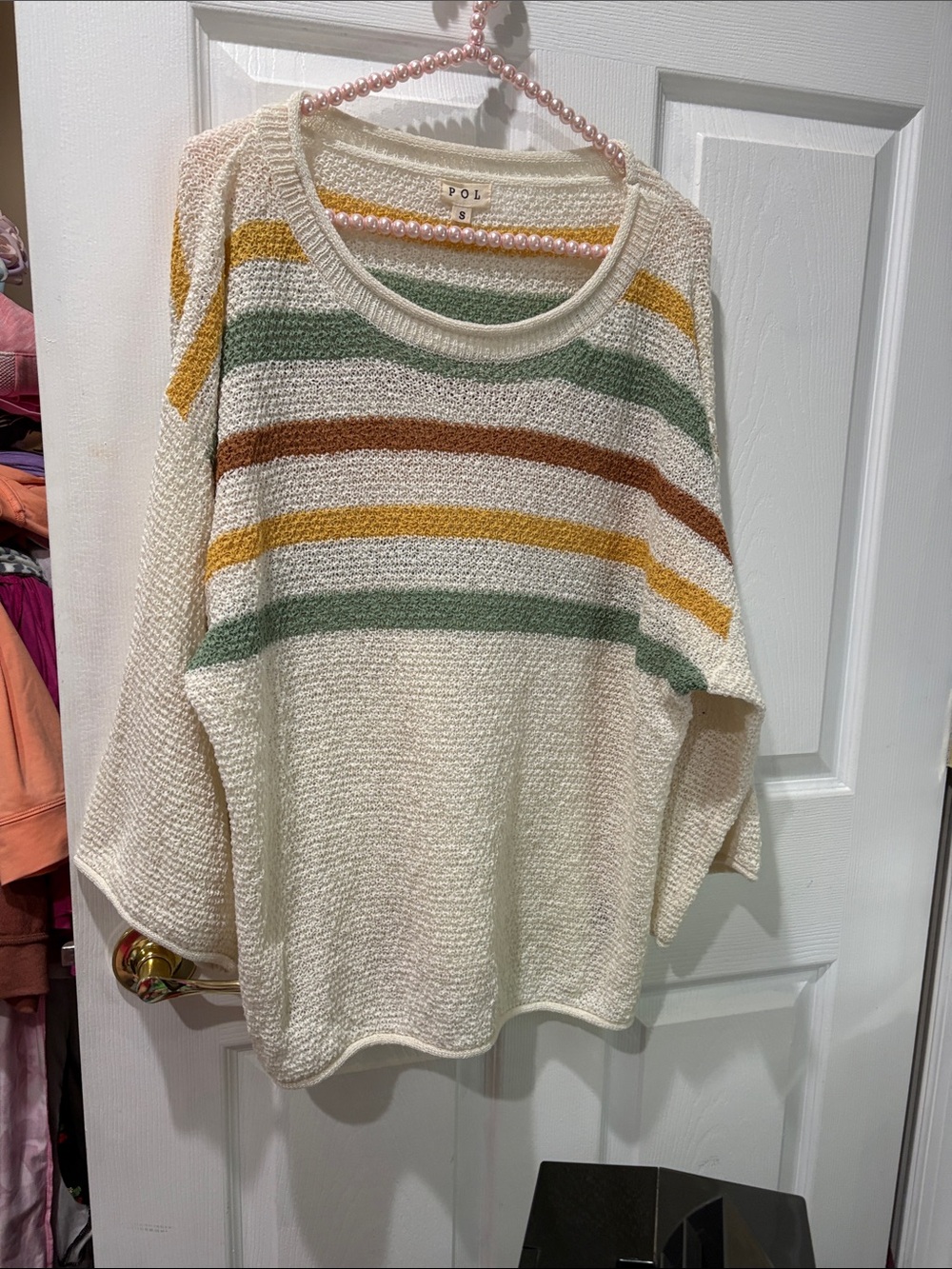 POL cream striped multi sweater top 3/4 sleeve
